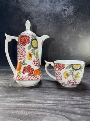World Market 10.25" Stackable Coffee Pot with Matching Square Mug Vivid Floral - Thumbnail 7