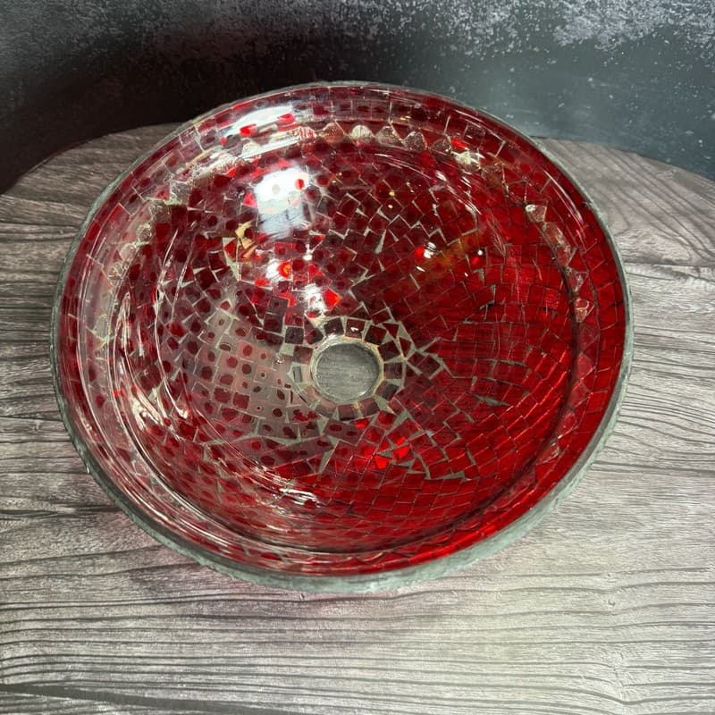 Vintage Red Glass Mosaic Footed Pedestal Decorative Centerpiece Bowl - Thumbnail 8