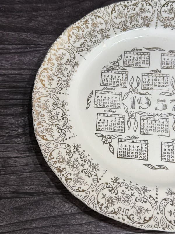 Vintage 1957 Calendar Plate with Gold Filigree Floral Border 10.25” - Thumbnail 3