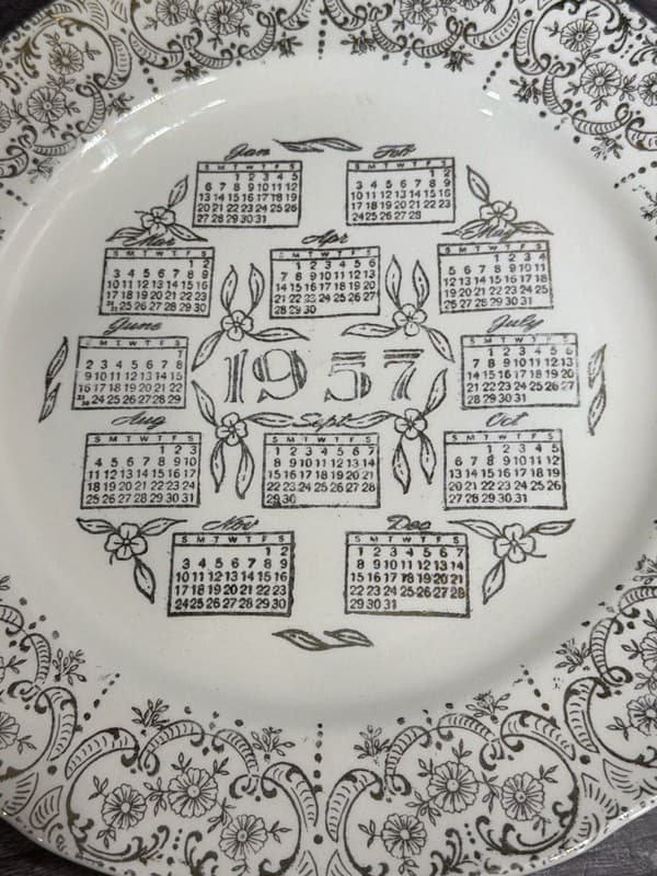 Vintage 1957 Calendar Plate with Gold Filigree Floral Border 10.25” - Thumbnail 2
