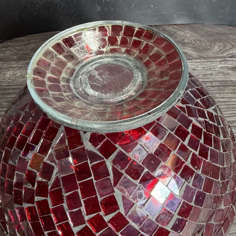 Vintage Red Glass Mosaic Footed Pedestal Decorative Centerpiece Bowl - Thumbnail 7