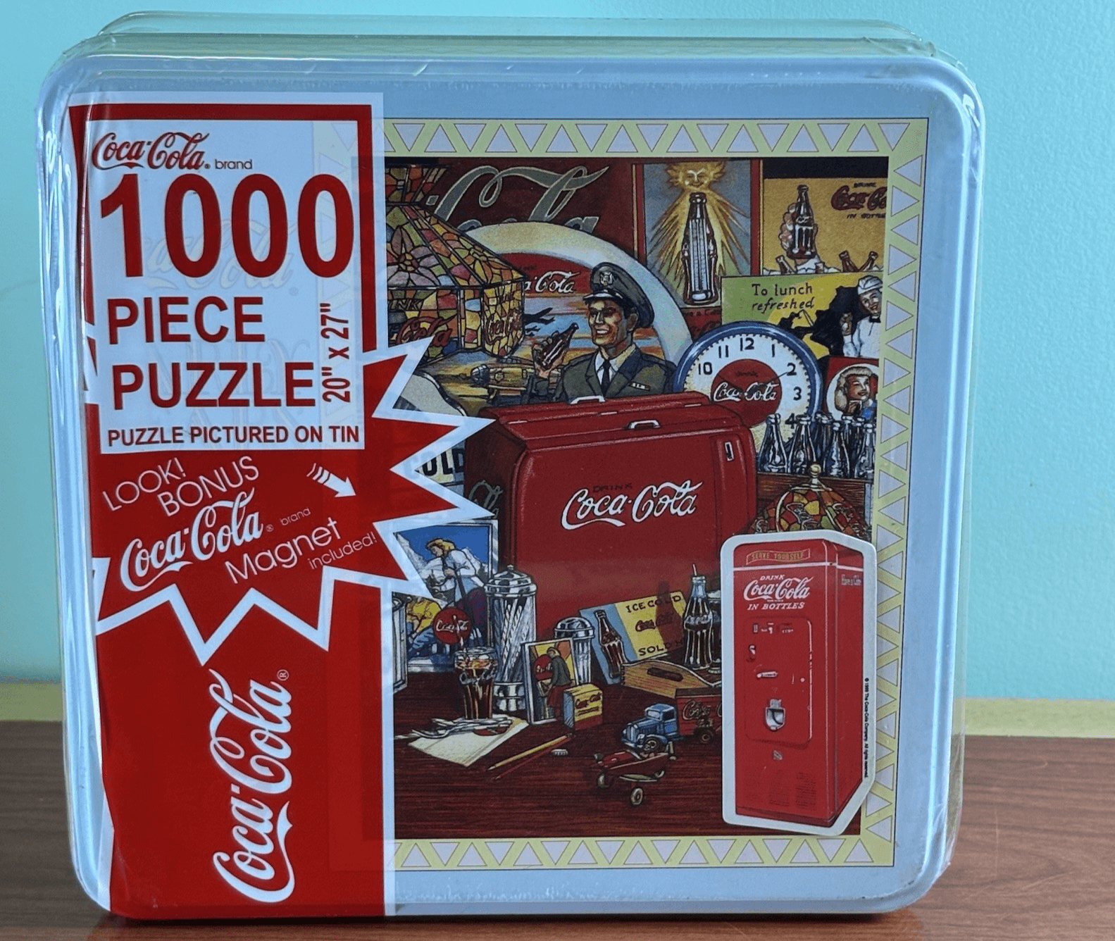 VTG Machine Coca-Cola 1000 Piece Jigsaw Puzzle Tin & Magnet NOS New Sealed