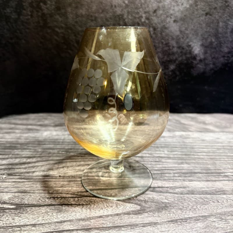 Vintage Bartlett-Collins Amber Glass Brandy Snifter, Etched Golden Grapes Patter - Thumbnail 8