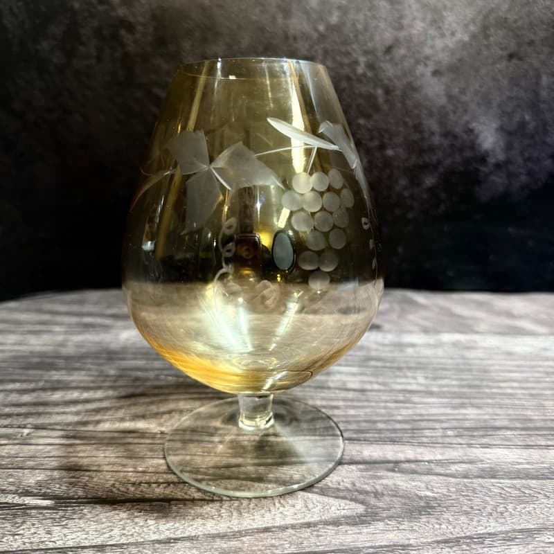 Vintage Bartlett-Collins Amber Glass Brandy Snifter, Etched Golden Grapes Patter - Thumbnail 3