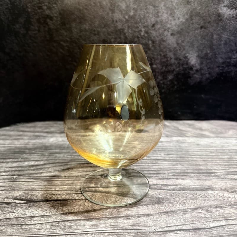 Vintage Bartlett-Collins Amber Glass Brandy Snifter, Etched Golden Grapes Patter - Thumbnail 4