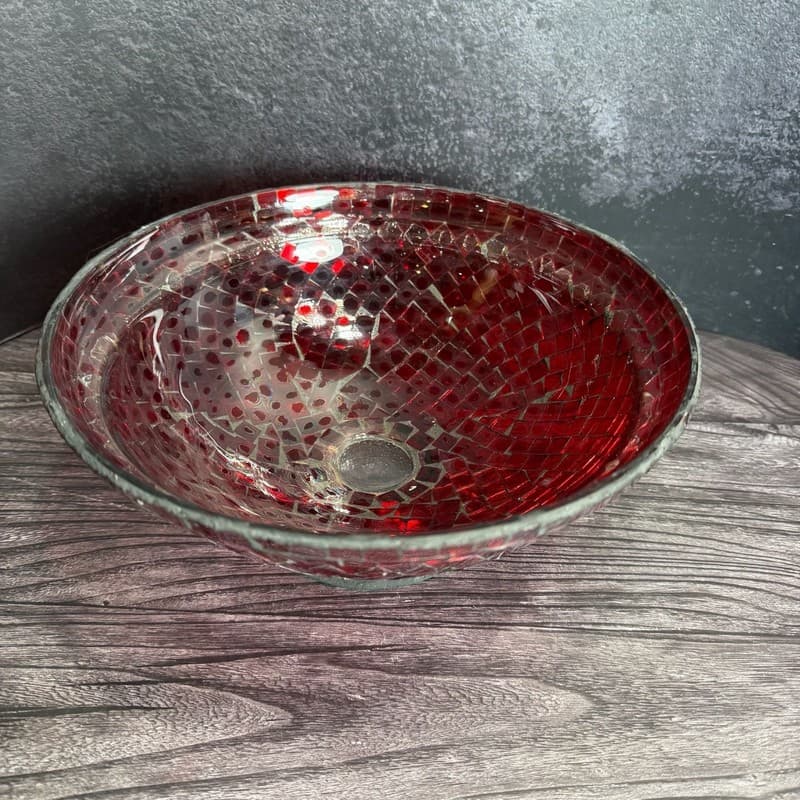 Vintage Red Glass Mosaic Footed Pedestal Decorative Centerpiece Bowl - Thumbnail 2
