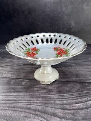 Vintage Porcelain Dish Bowl Hand Painted Reticulated Pedestal Bon Bon Christmas