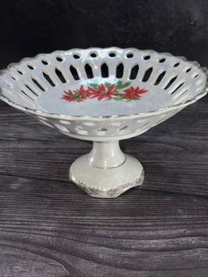 Vintage Porcelain Dish Bowl Hand Painted Reticulated Pedestal Bon Bon Christmas - Thumbnail 11