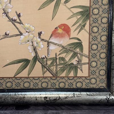 VTG Chinoiserie Silk Panel Embroidered Bird Floral Branch 11.5”X14” Framed