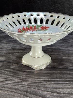 Vintage Porcelain Dish Bowl Hand Painted Reticulated Pedestal Bon Bon Christmas - Thumbnail 9