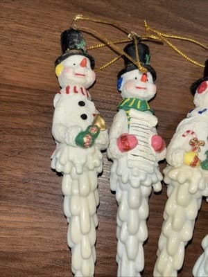 Vintage Set of 4 Whimsical Snowman Icicle Shaped 7” Christmas Ornaments - Thumbnail 2