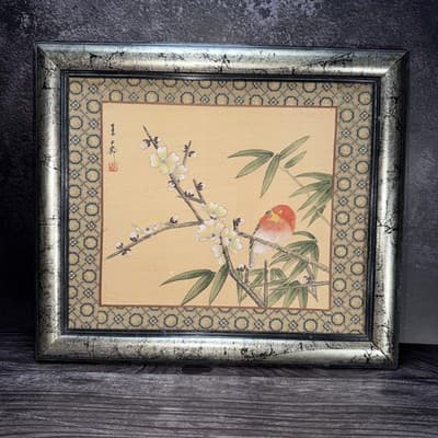VTG Chinoiserie Silk Panel Embroidered Bird Floral Branch 11.5”X14” Framed - Thumbnail 2
