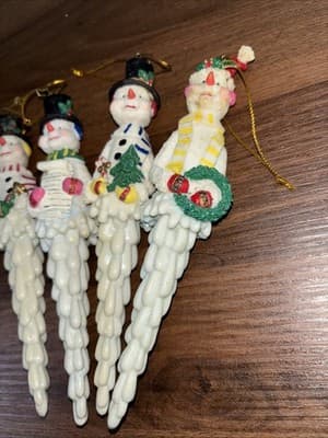 Vintage Set of 4 Whimsical Snowman Icicle Shaped 7” Christmas Ornaments - Thumbnail 3