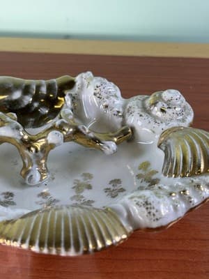Midcentury Ocean Decor Gold White Ceramic Shell Dish Germany Trinket Ring Holder - Thumbnail 4