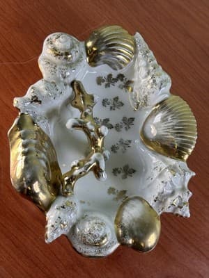 Midcentury Ocean Decor Gold White Ceramic Shell Dish Germany Trinket Ring Holder - Thumbnail 11