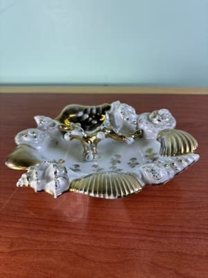Midcentury Ocean Decor Gold White Ceramic Shell Dish Germany Trinket Ring Holder - Thumbnail 3