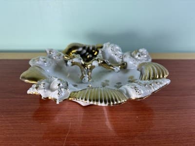 Midcentury Ocean Decor Gold White Ceramic Shell Dish Germany Trinket Ring Holder - Thumbnail 2