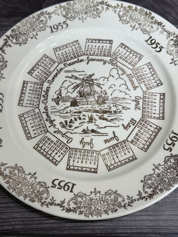 Vintage Knowles 1955 Calendar Plate Windmill Center Gold Filigree 10.25” - Thumbnail 2