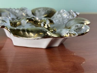 Midcentury Ocean Decor Gold White Ceramic Shell Dish Germany Trinket Ring Holder - Thumbnail 8