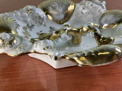 Midcentury Ocean Decor Gold White Ceramic Shell Dish Germany Trinket Ring Holder - Thumbnail 7