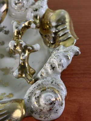 Midcentury Ocean Decor Gold White Ceramic Shell Dish Germany Trinket Ring Holder - Thumbnail 6