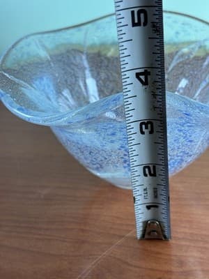 VINTAGE ART GLASS Hand Made Pale BLUE WITH Silver FLAKE WAVE BOWL - Thumbnail 11