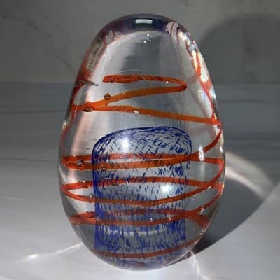 Blue Egg Shaped Paperweight Swirl And Net Design Inside Glass Figure