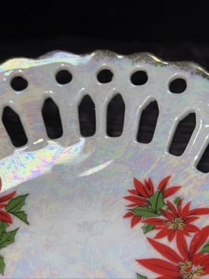 Vintage Porcelain Dish Bowl Hand Painted Reticulated Pedestal Bon Bon Christmas - Thumbnail 5