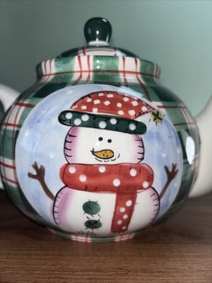 Cooks Bazaar Gourmet Collection Christmas Green Red Plaid Snowman 6 Cup Teapot - Thumbnail 2