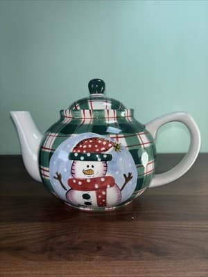 Cooks Bazaar Gourmet Collection Christmas Green Red Plaid Snowman 6 Cup Teapot - Thumbnail 7