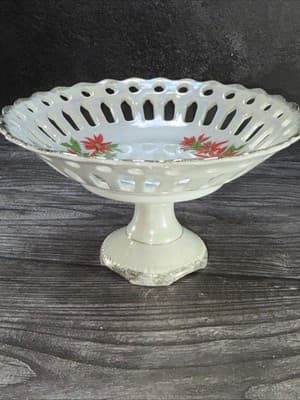 Vintage Porcelain Dish Bowl Hand Painted Reticulated Pedestal Bon Bon Christmas - Thumbnail 10