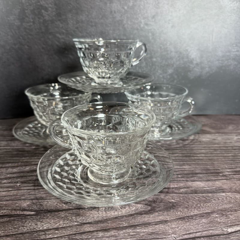 Vintage Fostoria American Clear Crystal Tea Cups and Saucers Set of 4 - Thumbnail 2