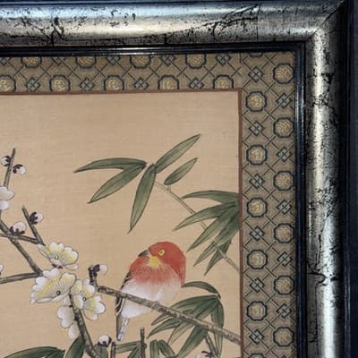 VTG Chinoiserie Silk Panel Embroidered Bird Floral Branch 11.5”X14” Framed - Thumbnail 3