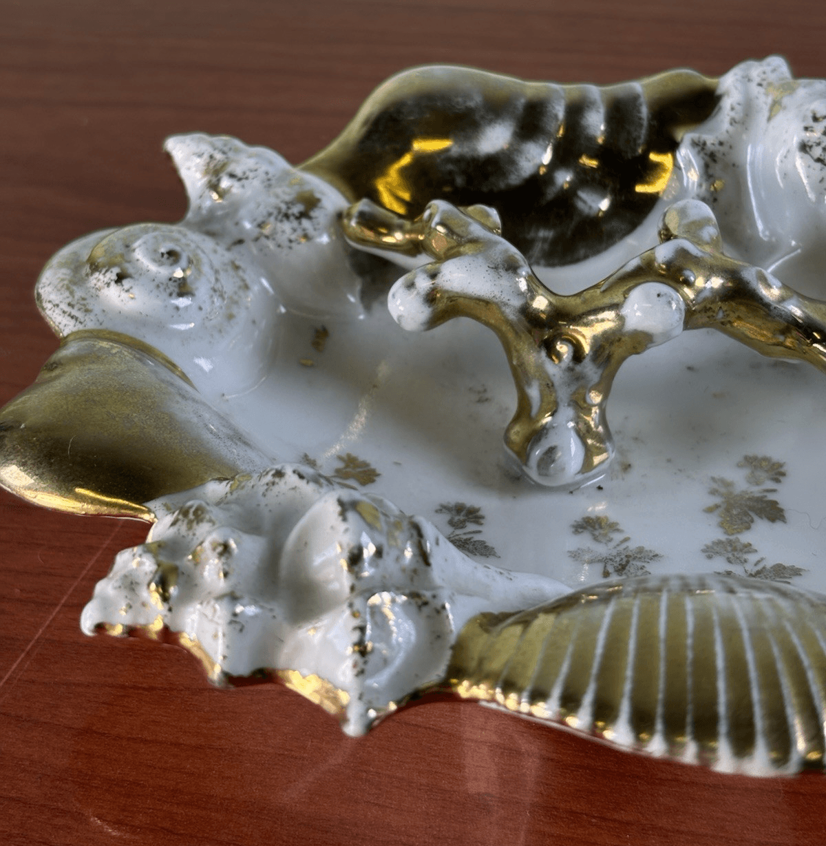 Midcentury Ocean Decor Gold White Ceramic Shell Dish Germany Trinket Ring Holder