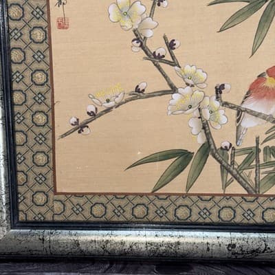 VTG Chinoiserie Silk Panel Embroidered Bird Floral Branch 11.5”X14” Framed - Thumbnail 5