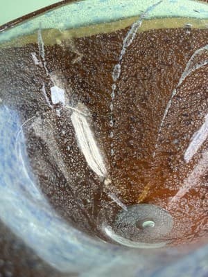 VINTAGE ART GLASS Hand Made Pale BLUE WITH Silver FLAKE WAVE BOWL - Thumbnail 9