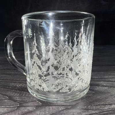 Vintage Clear Glass Mugs With Embossed Frosted Tree Design Christmas Gift
