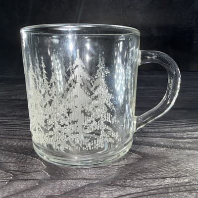 Vintage Clear Glass Mugs With Embossed Frosted Tree Design Christmas Gift - Thumbnail 3