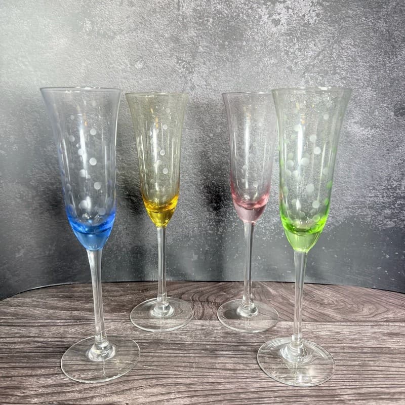Set of 4 Multicolor Etched Polka Dot Champagne Flutes Crystal Glass
