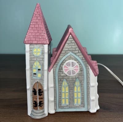 Vintage Holiday Lighted Ceramic Church Pink Purple White Blue 1980’s Test Rite