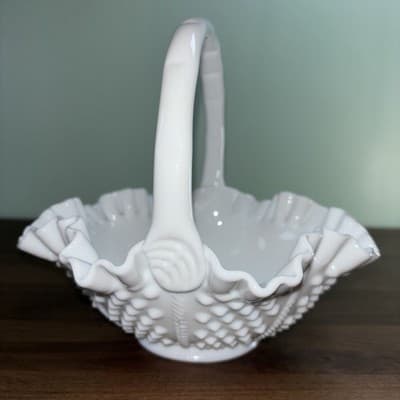 Easter Hobnail Milk Glass Double Ruffled Handled Fenton Art Glass VTG Basket