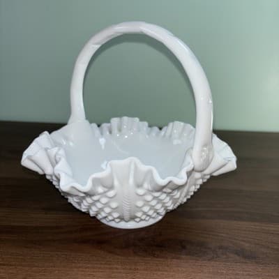 Easter Hobnail Milk Glass Double Ruffled Handled Fenton Art Glass VTG Basket - Thumbnail 4