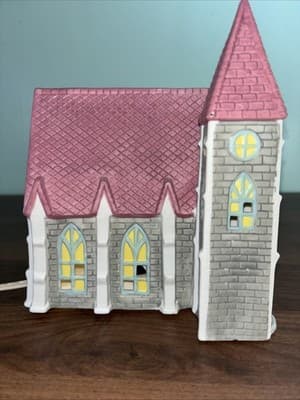 Vintage Holiday Lighted Ceramic Church Pink Purple White Blue 1980’s Test Rite - Thumbnail 5