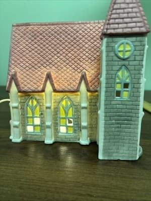 Vintage Holiday Lighted Ceramic Church Pink Purple White Blue 1980’s Test Rite - Thumbnail 13