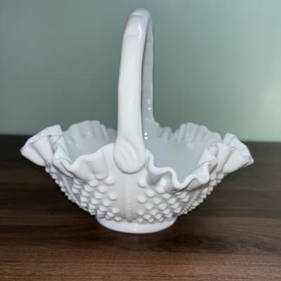 Easter Hobnail Milk Glass Double Ruffled Handled Fenton Art Glass VTG Basket - Thumbnail 5