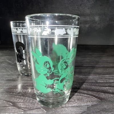 1966 Swanky Swigs Kraft Cheese Kid's Juice Glass Green Bunnies & Kittens Horse - Thumbnail 4