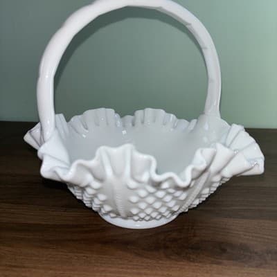 Easter Hobnail Milk Glass Double Ruffled Handled Fenton Art Glass VTG Basket - Thumbnail 6