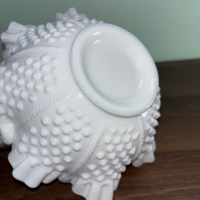 Easter Hobnail Milk Glass Double Ruffled Handled Fenton Art Glass VTG Basket - Thumbnail 9
