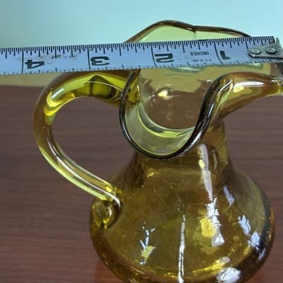 Vintage Amber CRACKLE GLASS Pitcher Bud Vase by Rainbow Glass 5.5” - Thumbnail 9