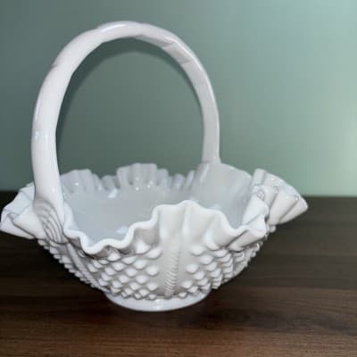 Easter Hobnail Milk Glass Double Ruffled Handled Fenton Art Glass VTG Basket - Thumbnail 2